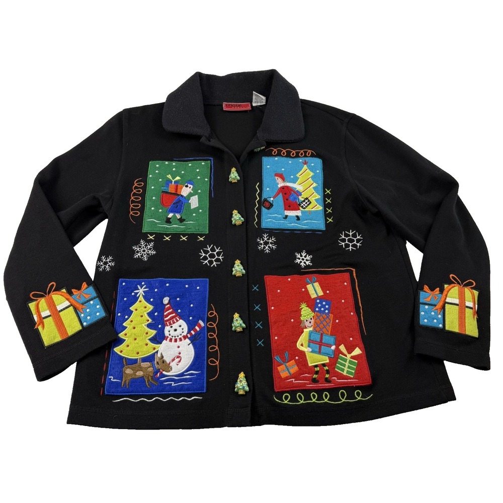 Women's Medium Holiday Christmas Sweater Cardigan Santa Snowman Onque Casuals